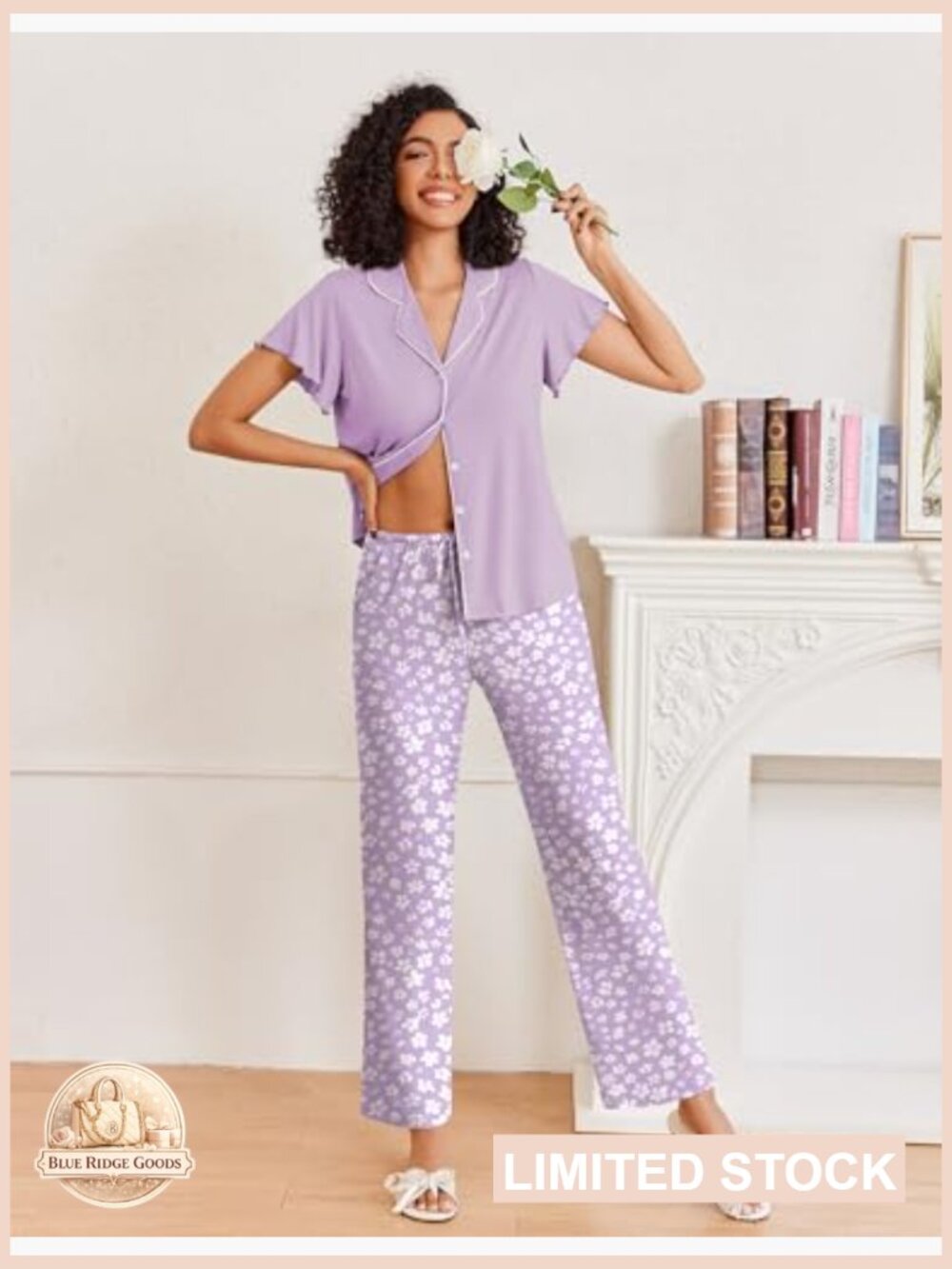 Button Up Pajama Set Ruffle Sleeve Notch Collar Loungewear Soft Stretch - Picture 3 of 7